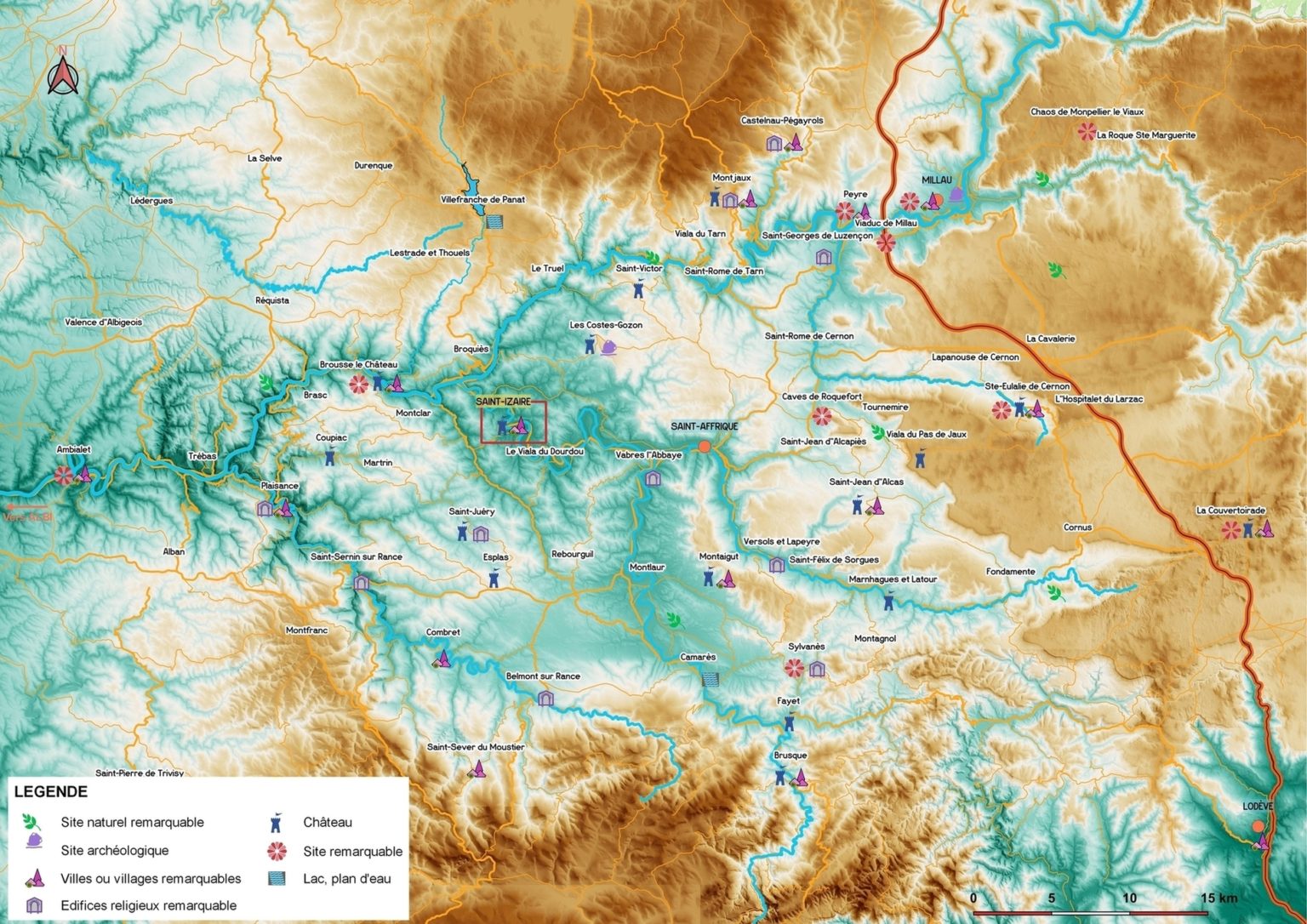 Carte des sites touristiques du sud-aveyron